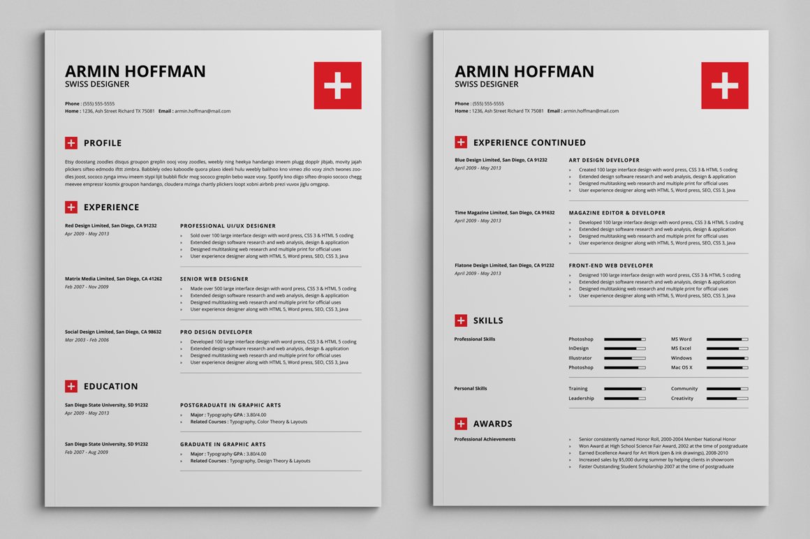 2 Pages Swiss Resume | Extended Pack preview image.