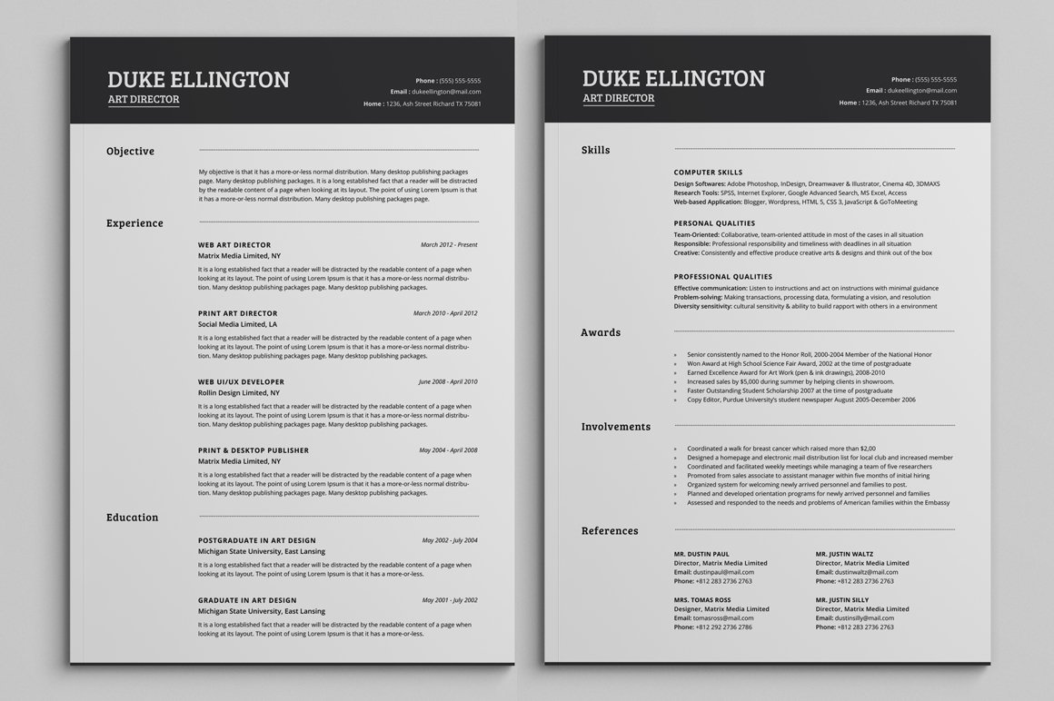 Two Pages Classic Resume CV Template preview image.