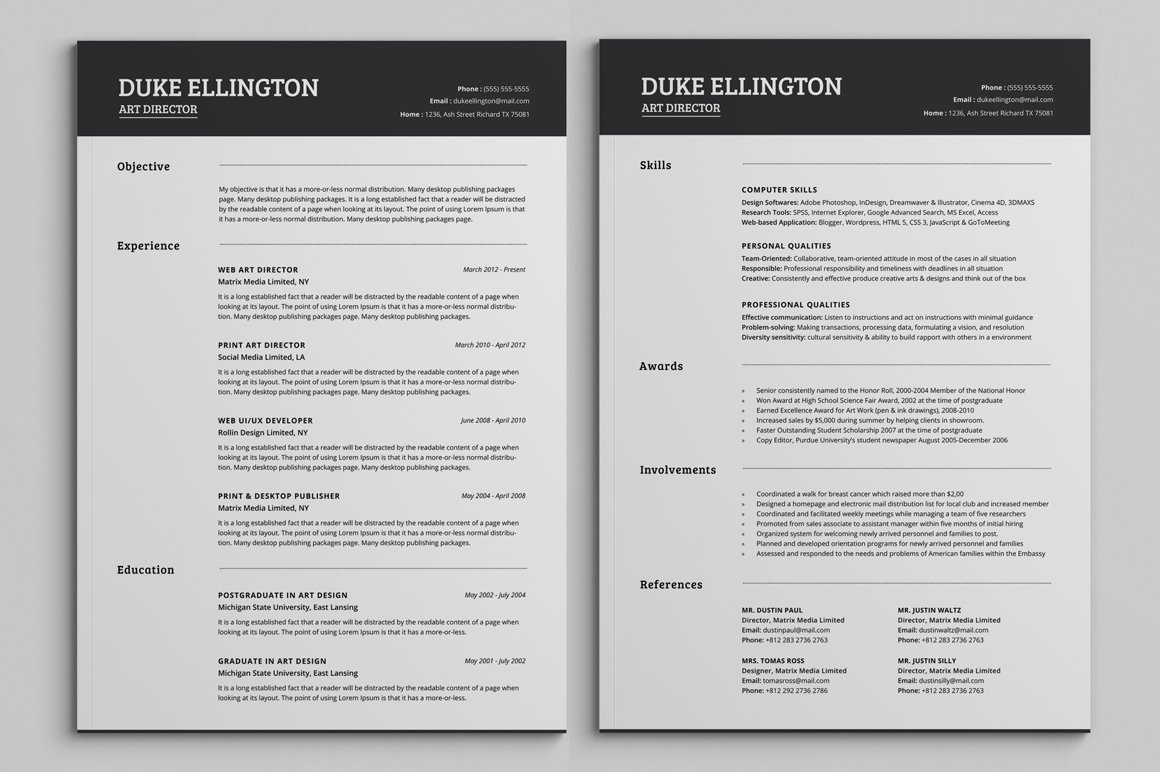 Two Pages Classic Resume CV Template – MasterBundles
