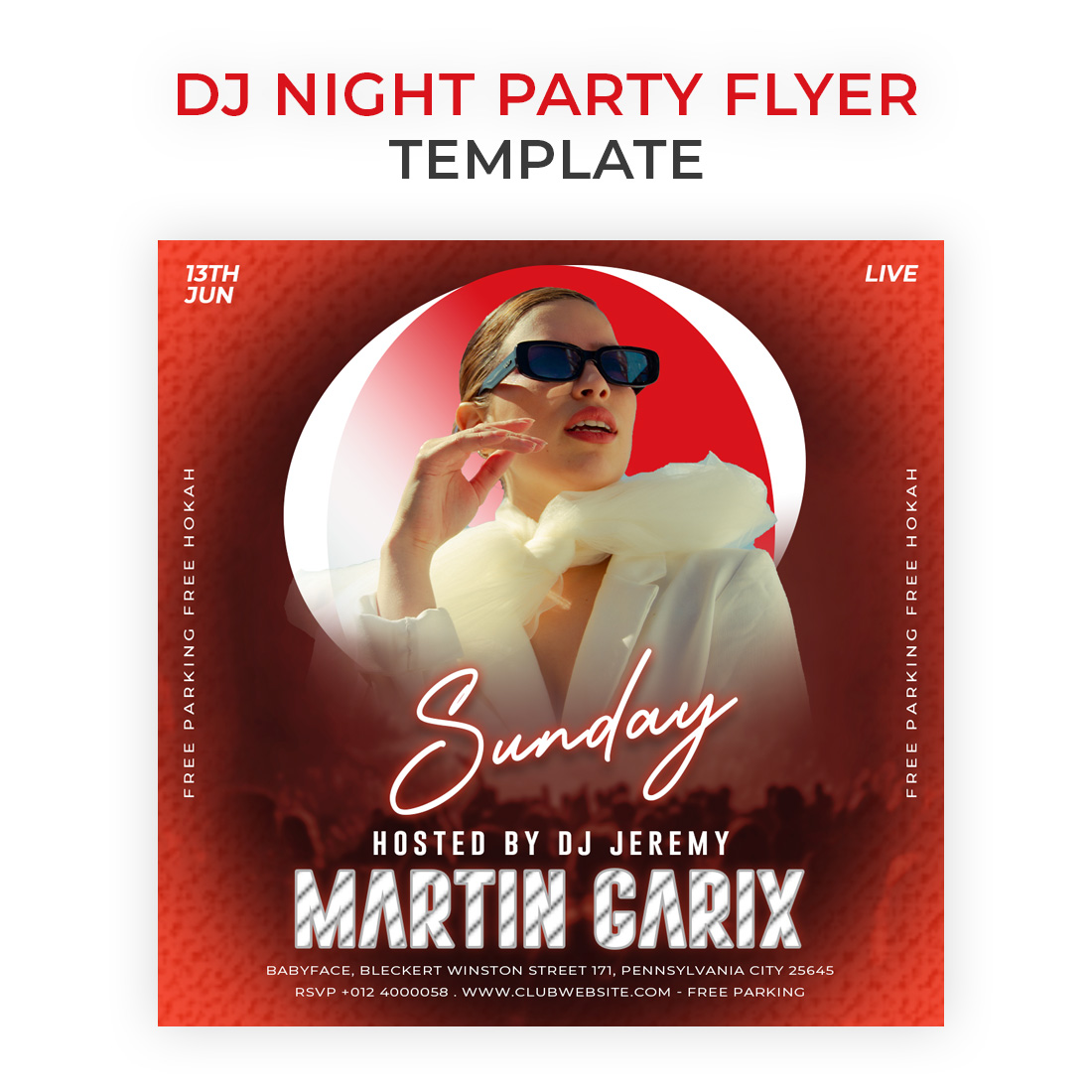 DJ Night Party Flyer Photoshop Template PSD preview image.