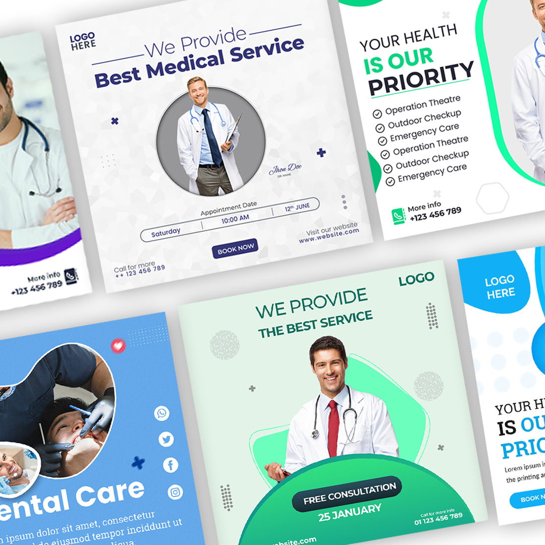 medical health clinic dental social media post template preview image.