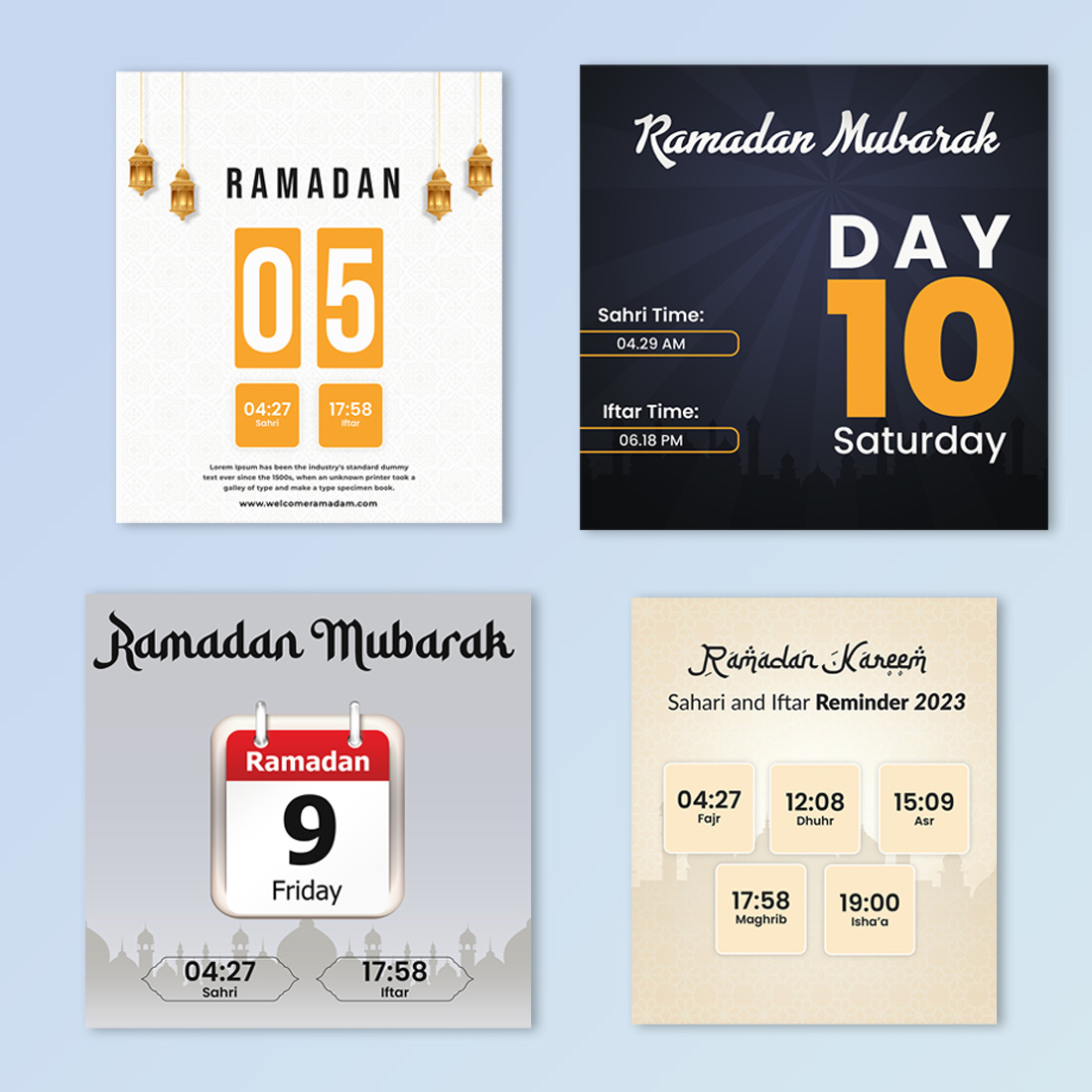 Ramadan sahri and iftar schedule post template PSD set for social media post preview image.