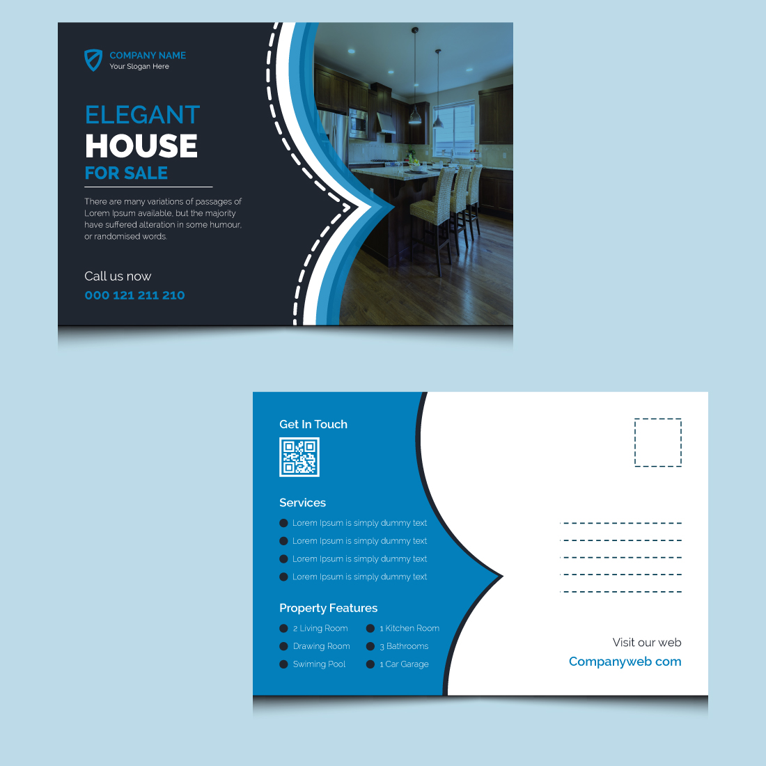 Modern real estate post card template design preview image.