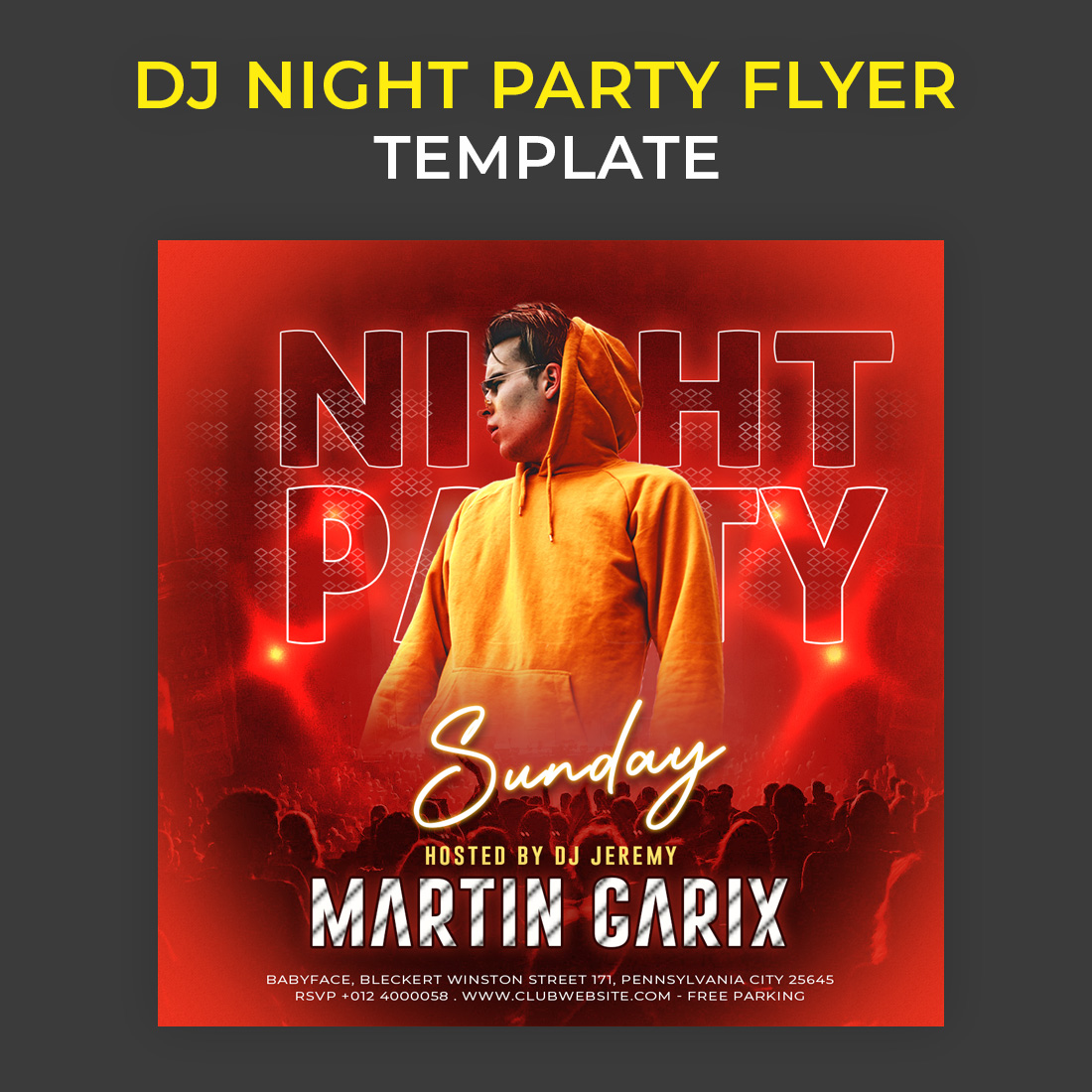 DJ Night Party Flyer Photoshop Template psd preview image.