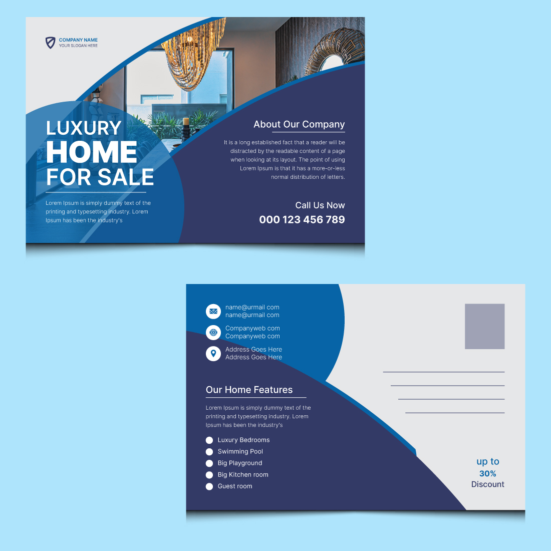 Real estate post card design template preview image.