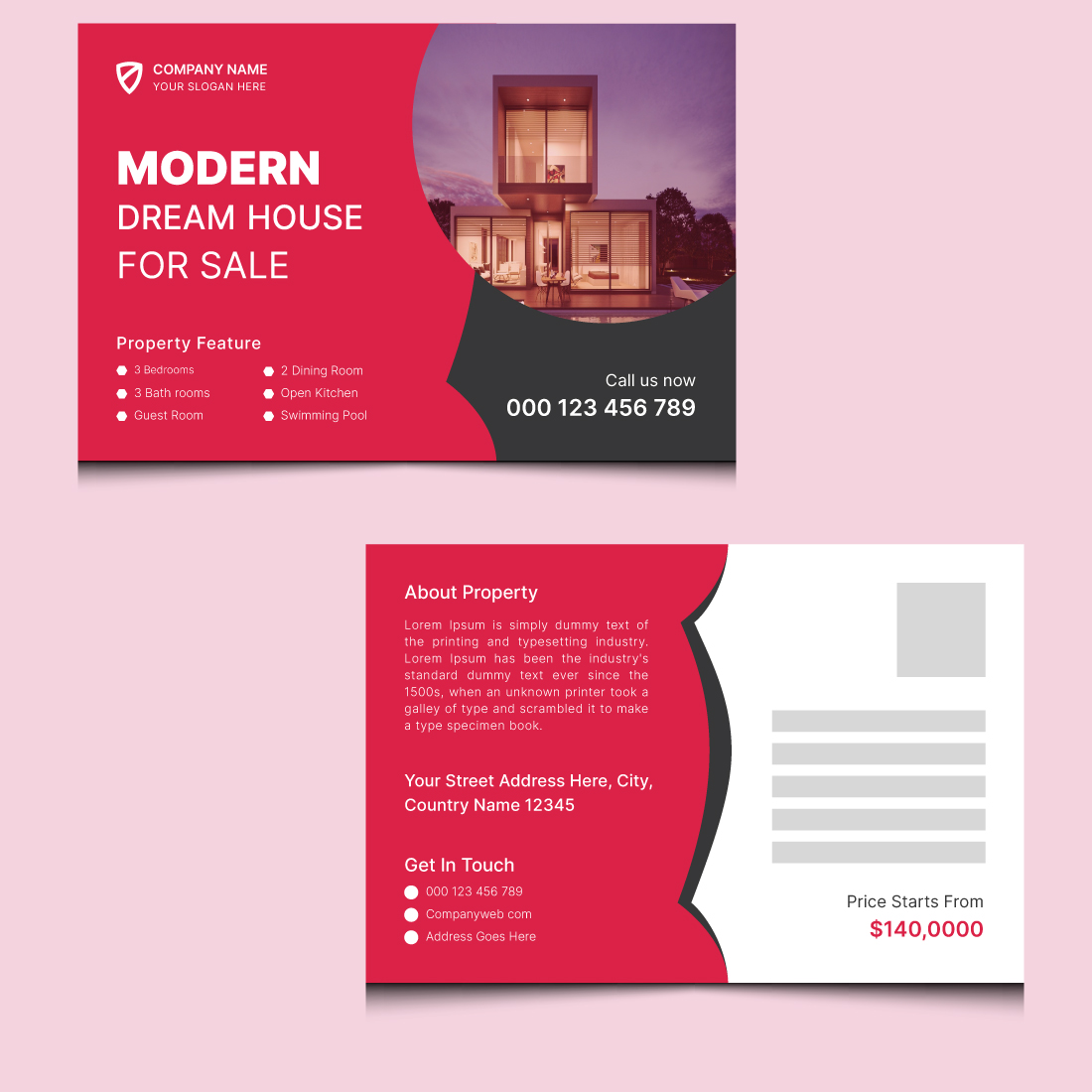 Elegant real estate construction post card template design preview image.