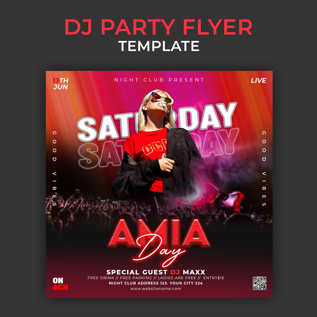 DJ Party Flyer Photoshop Template psd preview image.