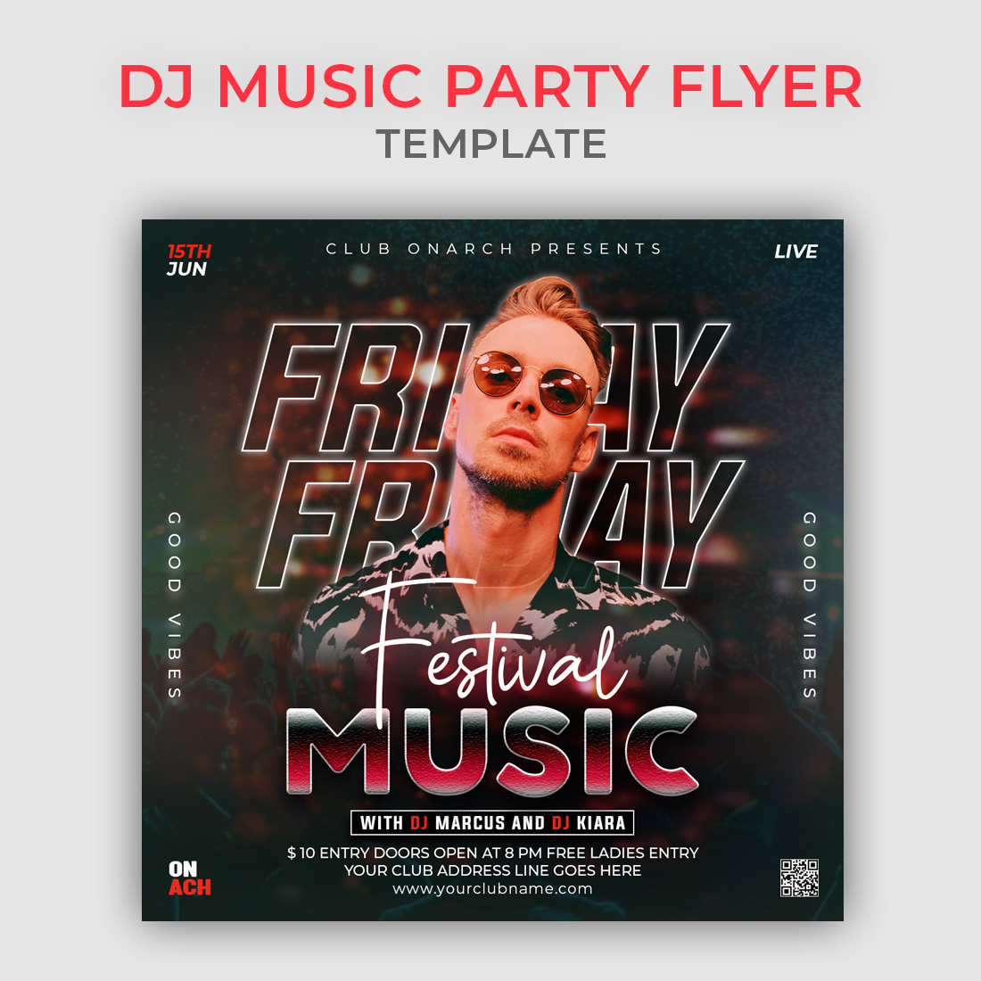 DJ music Party Flyer Photoshop Template psd preview image.