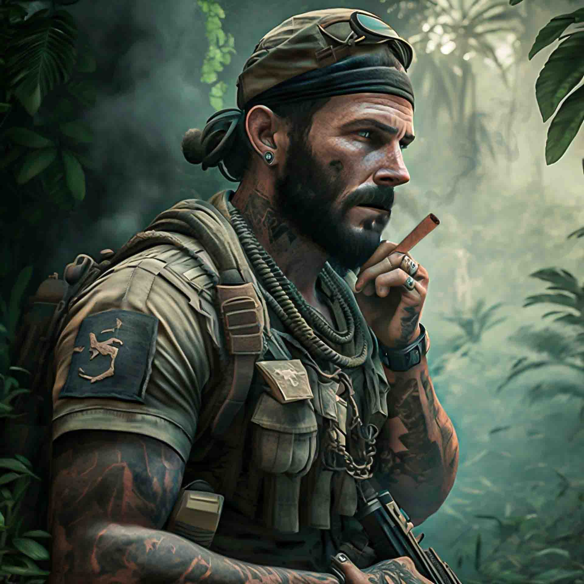 Man in a jungle holding a cigarette.