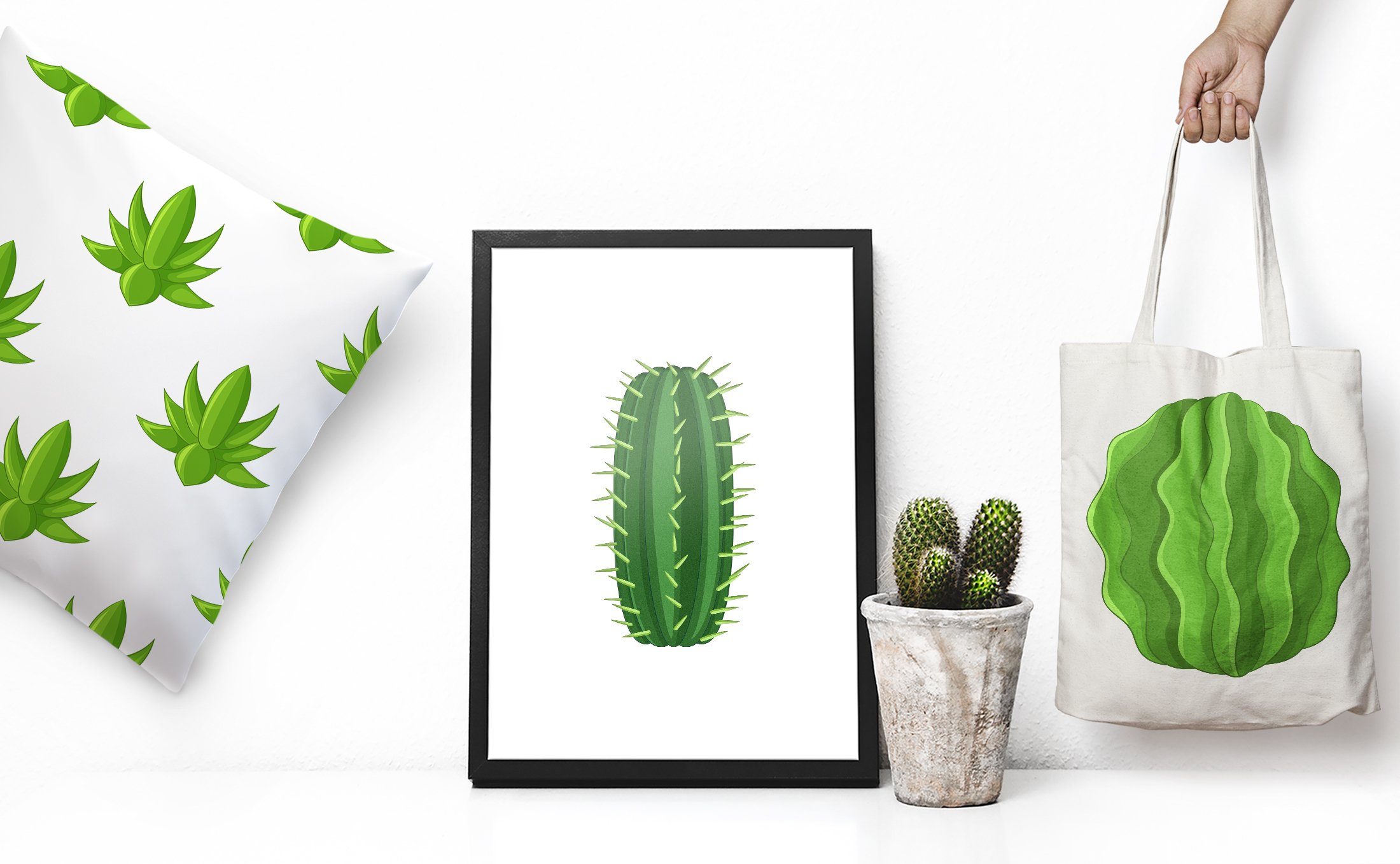 Green cactuses icons set, cartoon preview image.