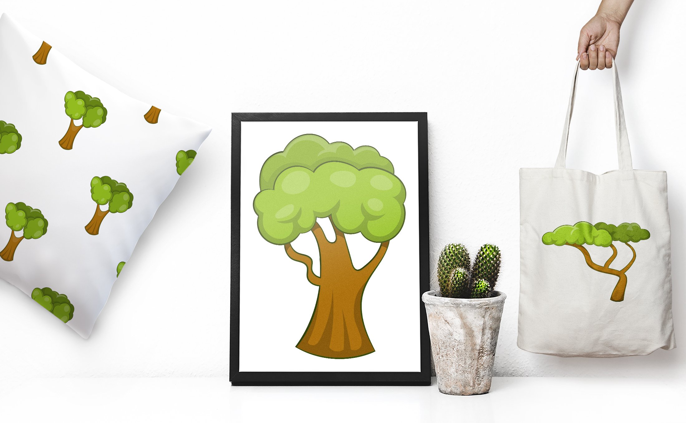 Green trees icons set, cartoon style preview image.