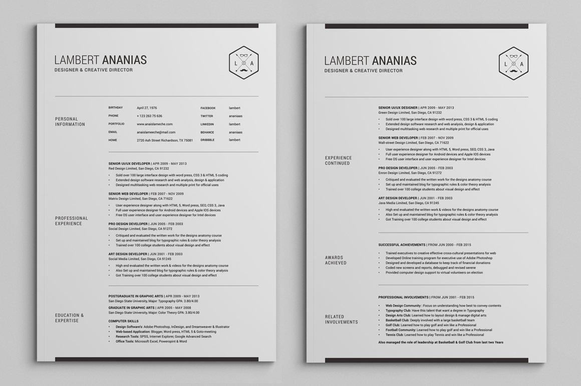 2 Pages Resume CV Pack - Lambert preview image.
