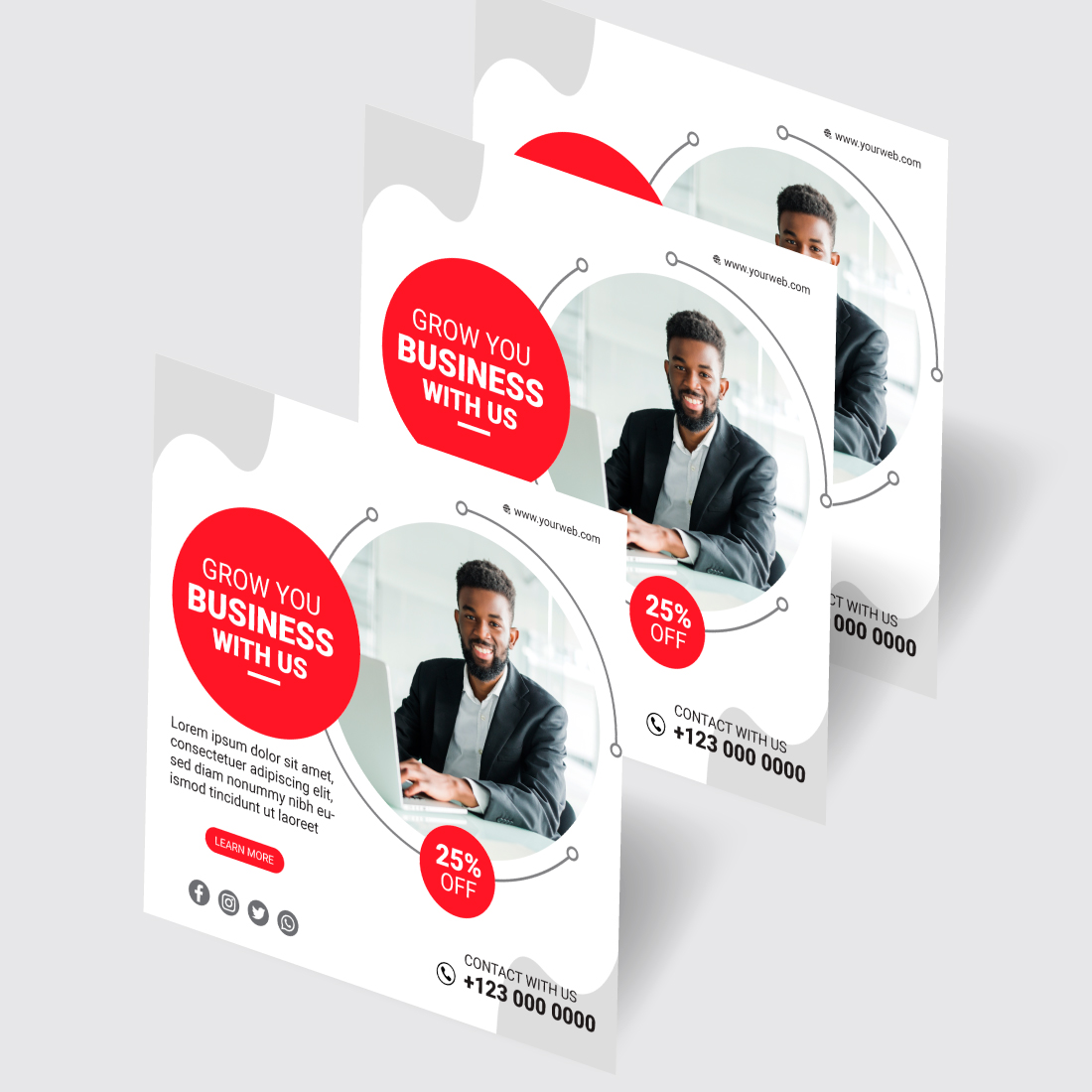 Three business flyers with a man in a suit.