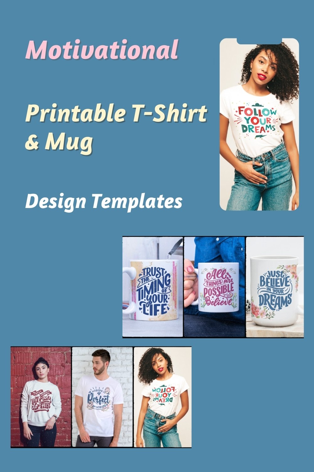 Printable T-Shirt and Mug Graphics Bundle - Motivational Quotes Typography pinterest preview image.