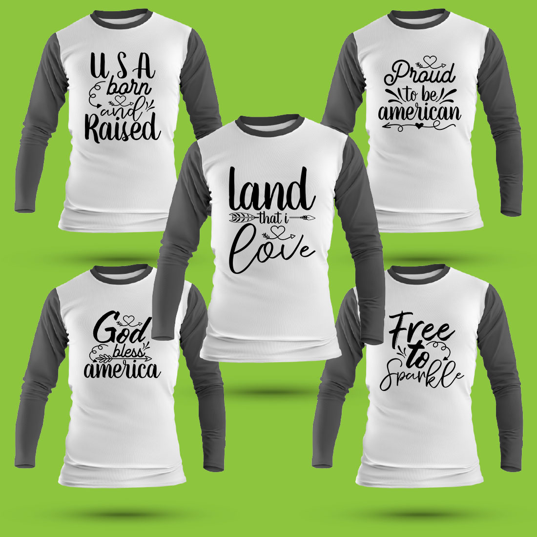 Set of four shirts with the words land of the free and land of the.