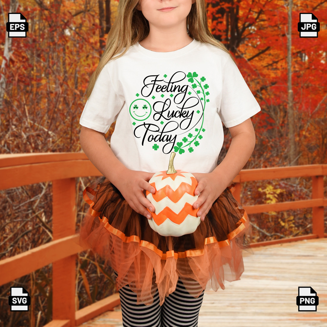 Little girl holding a pumpkin on a bridge.
