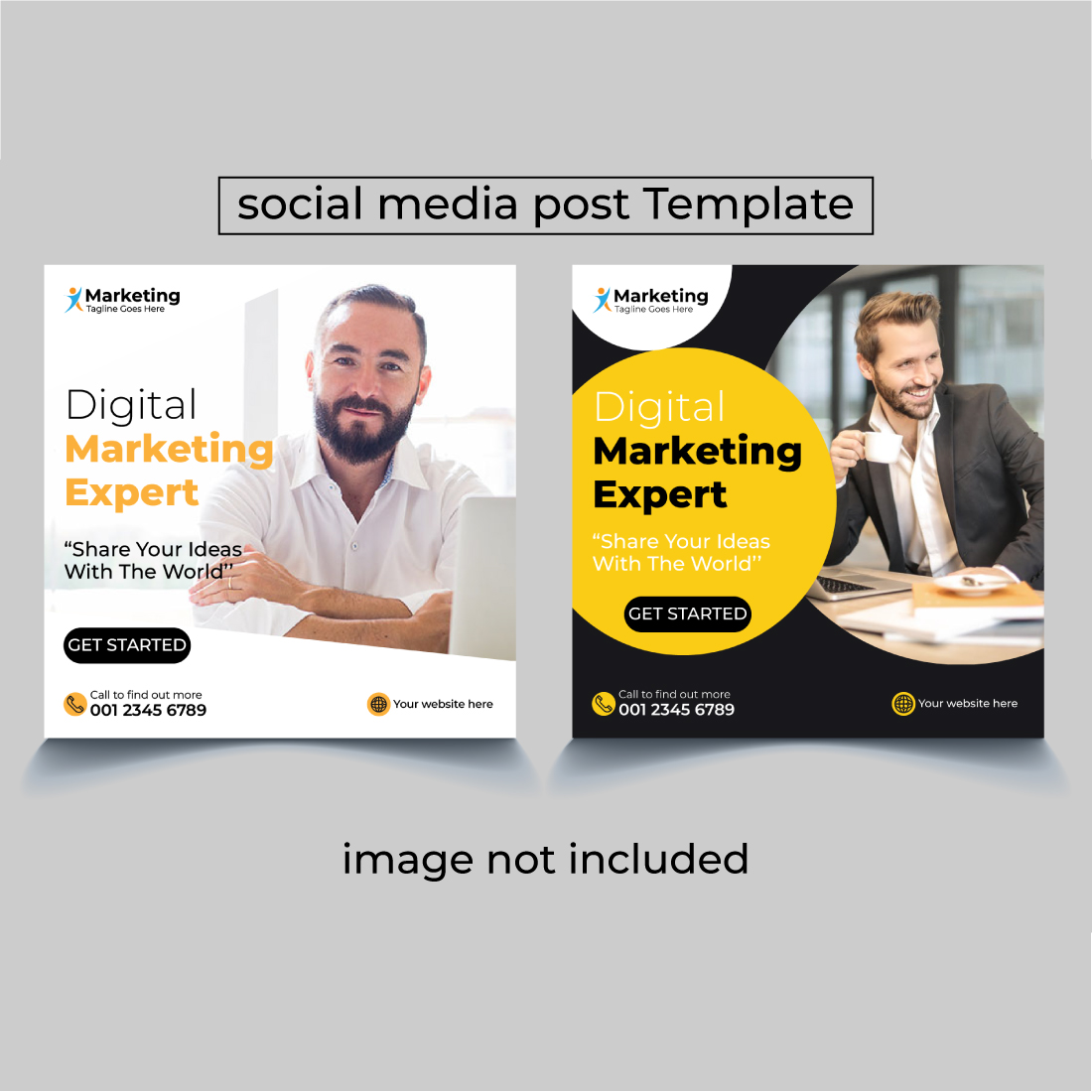 Two social media post templates with a man in a suit.