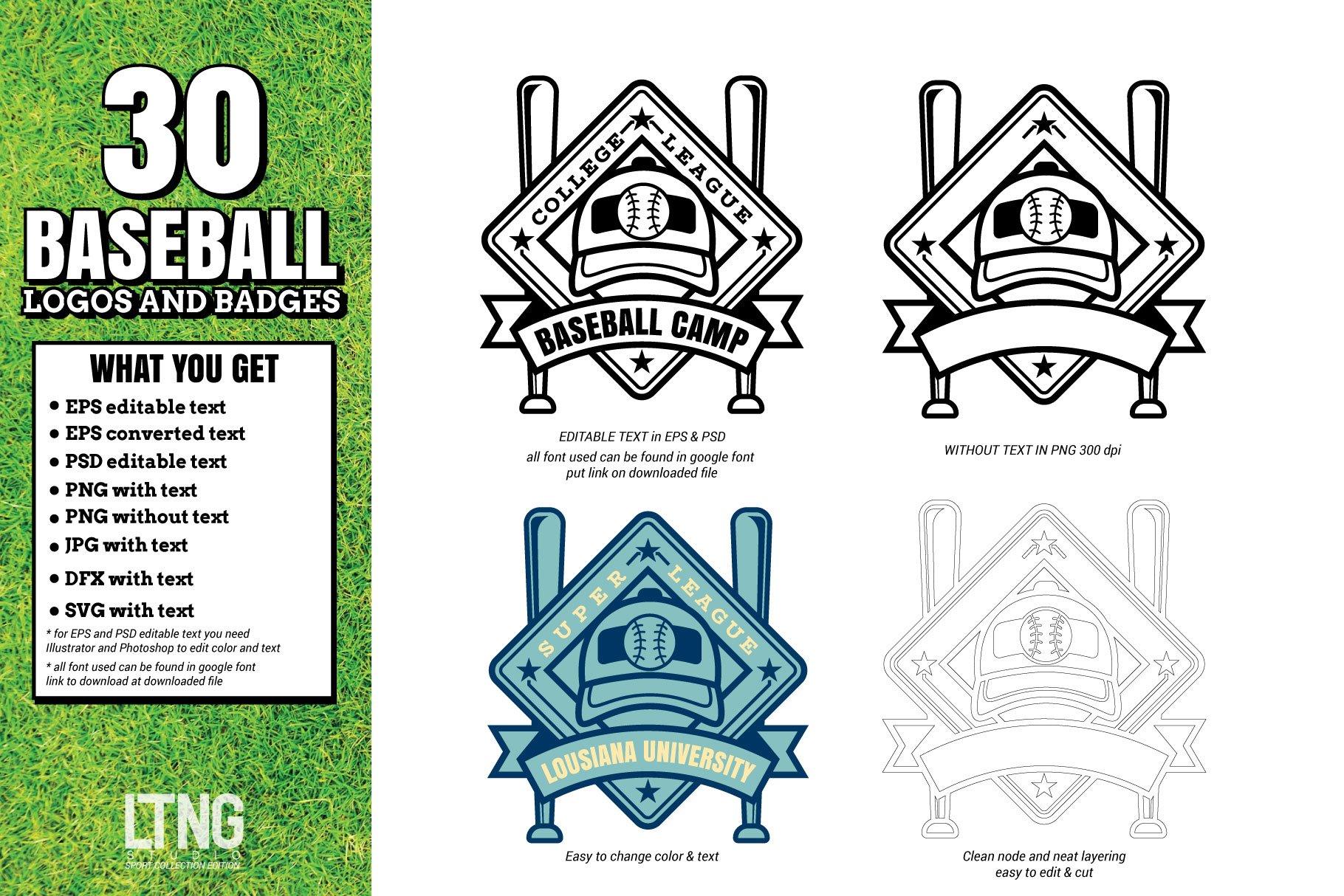 30 Baseball logos and badges preview image.