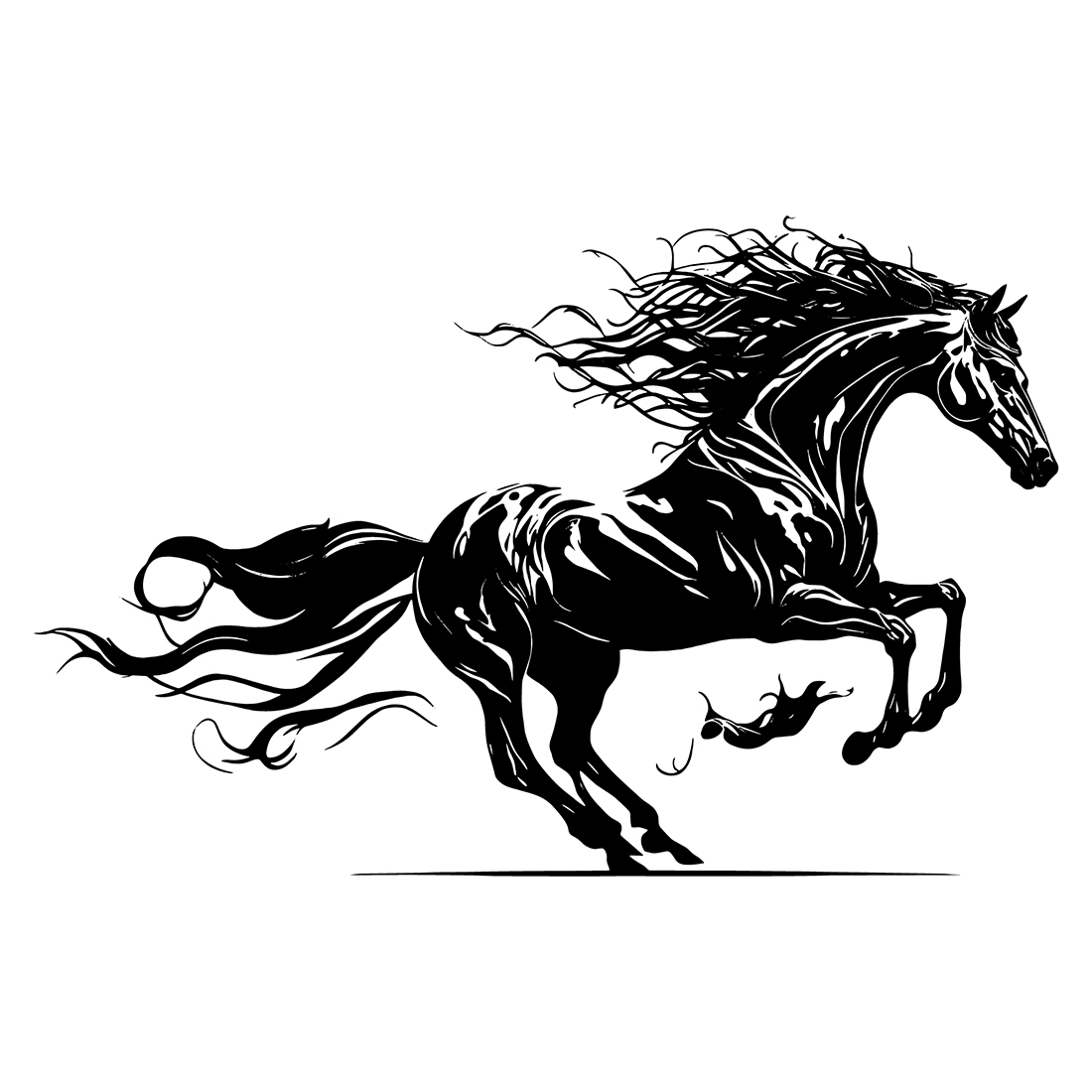 Black and white drawing of a running horse.