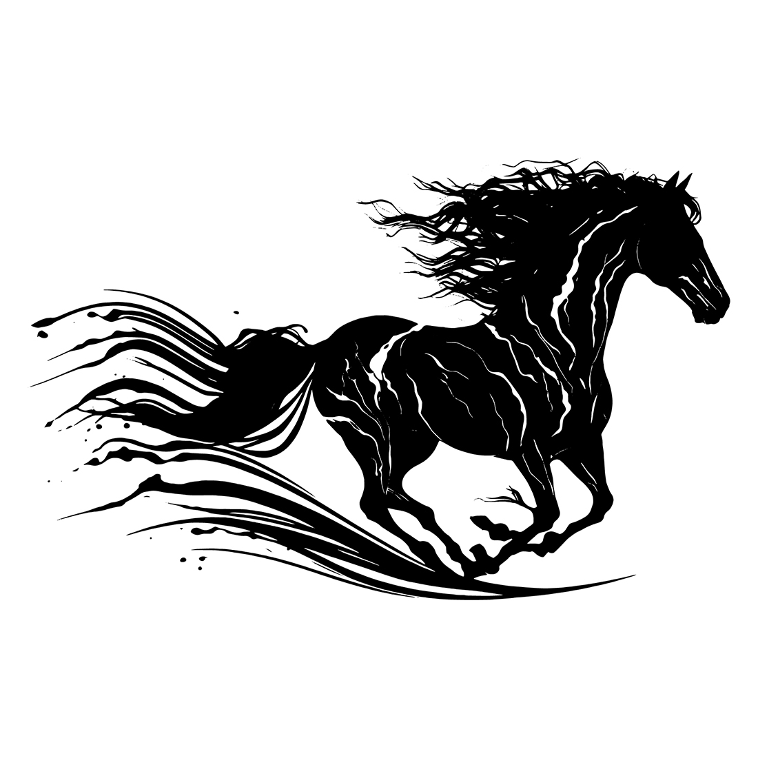 Black and white picture of a running horse.