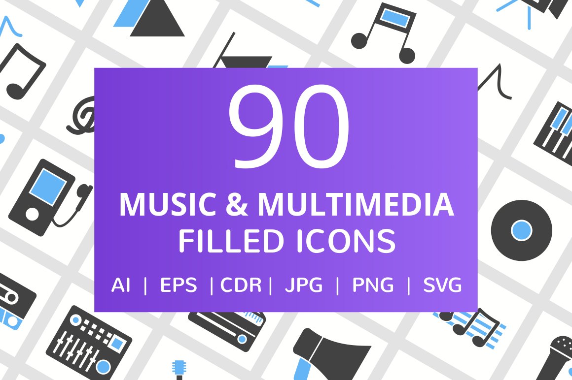 90 Music & Multimedia Filled Icons cover image.