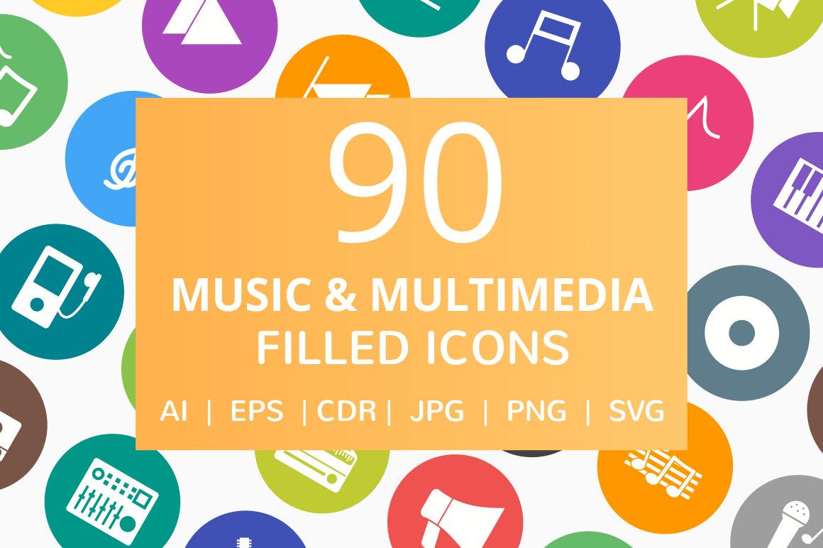 90 Music & Media Filled Round Icons cover image.