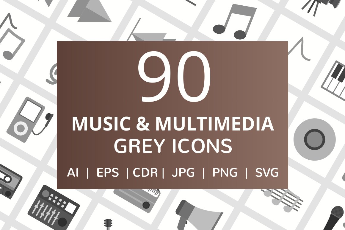 90 Music & Multimedia Greyscale Icon cover image.