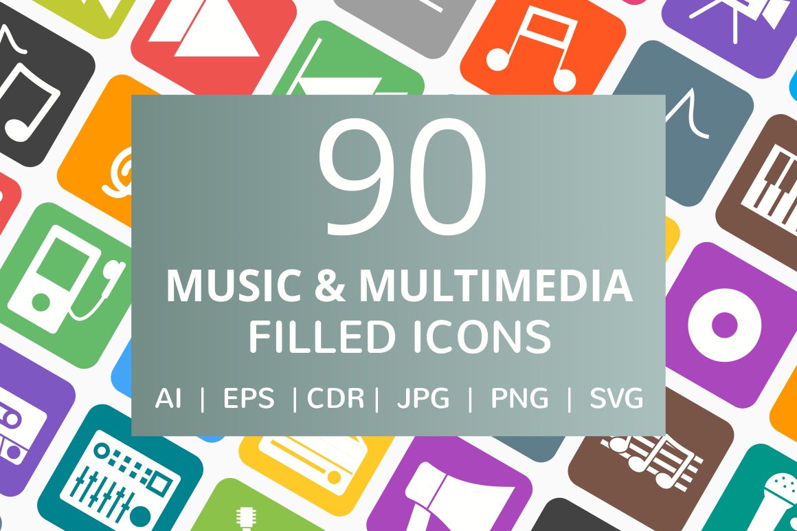 90 Music & Multimedia Filled Icons cover image.