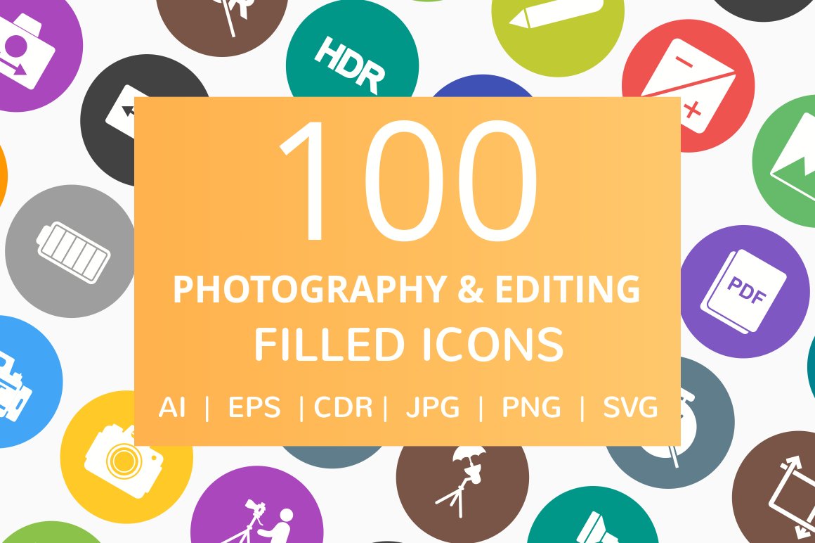 100 Photography Filled Round Icons cover image.