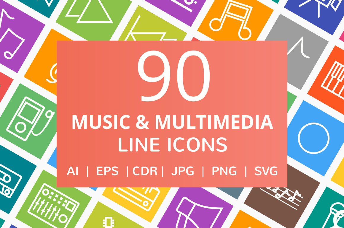 90 Music & Multimedia Line Icons cover image.