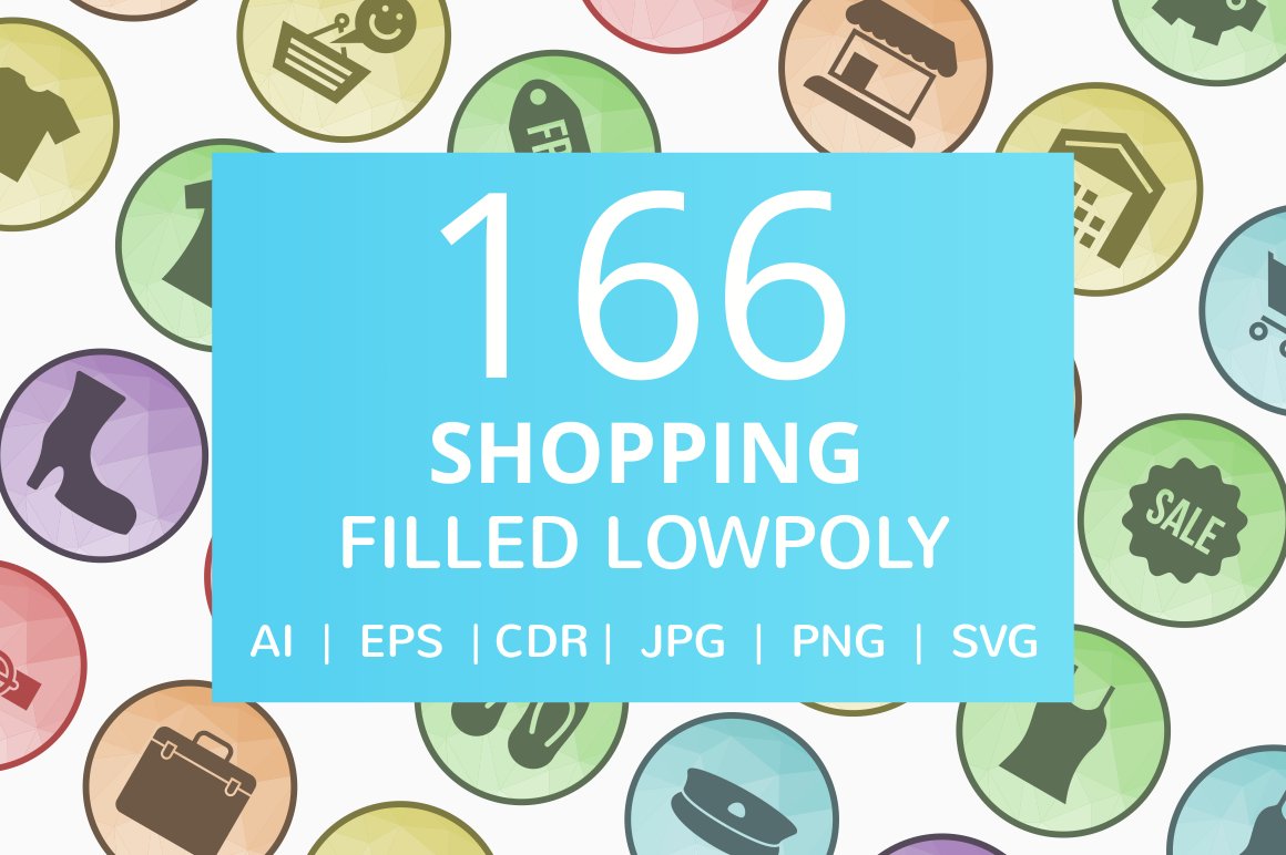 166 Shopping Filled Low Poly Icons cover image.