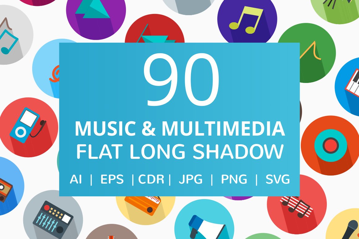 90 Music & Multimedia Flat Icons cover image.