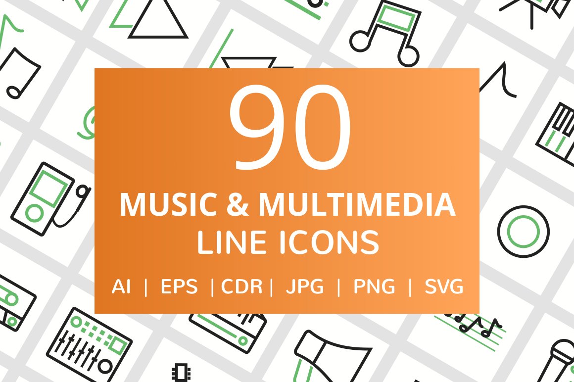 90 Music & Multimedia Line Icons cover image.