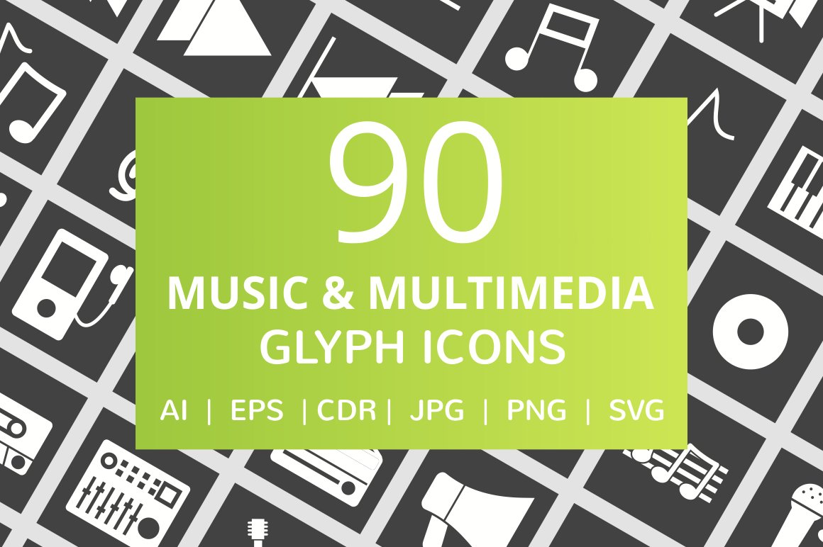 90 Music & Multimedia Glyph Icons cover image.