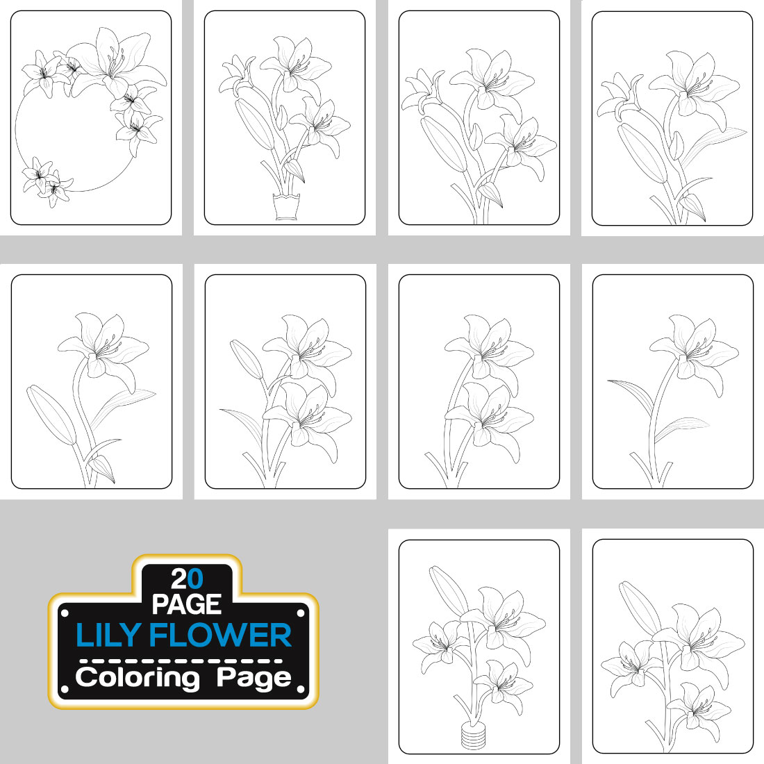 Lily Flower Coloring Page And Book Hand Drawn Line Art illustration preview image.