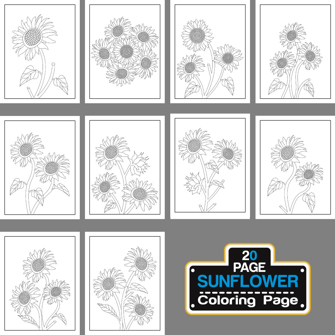 Sunflower Coloring Page And Book Hand Drawn Line Art illustration preview image.