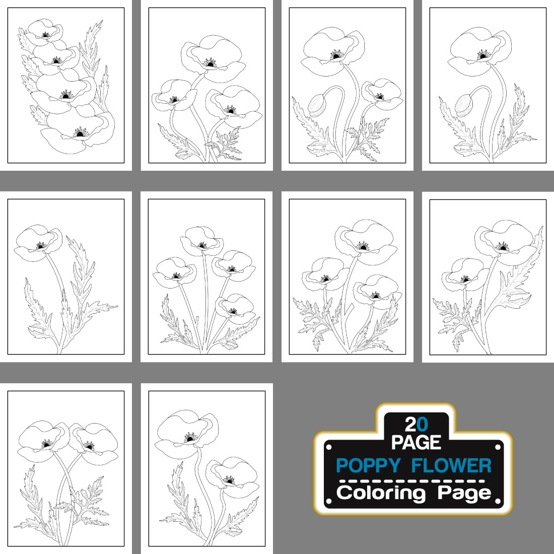 Poppy Flower Coloring Page And Book Hand Drawn Line Art illustration preview image.