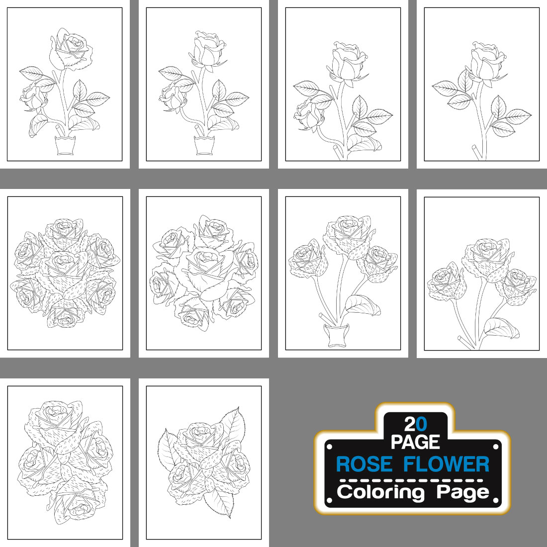 Rose Flower Coloring Page And Book Hand Drawn Line Art illustration preview image.
