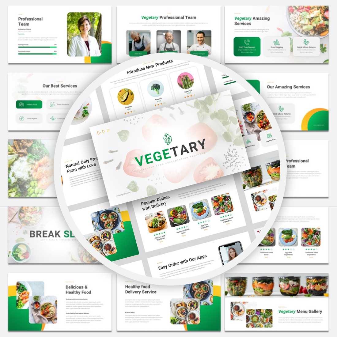 Vegetary - Healthy Food Presentation Google Slides Template cover image.