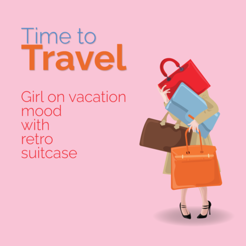 vector Girl on vacation mood with retro suitcase illustration cover image.
