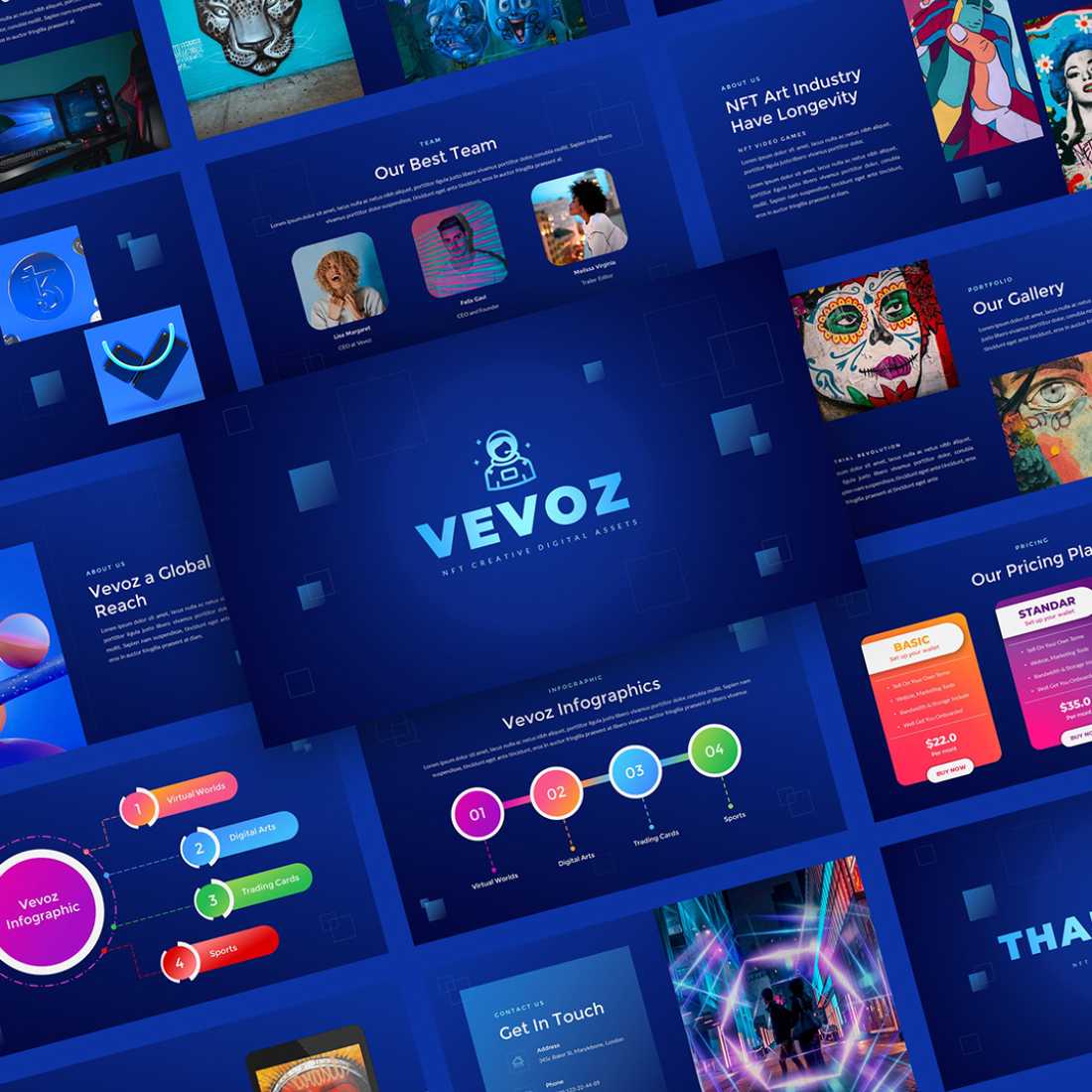 Vevoz - NFT Creative Digital Assets Presentation Google Slides Template preview image.