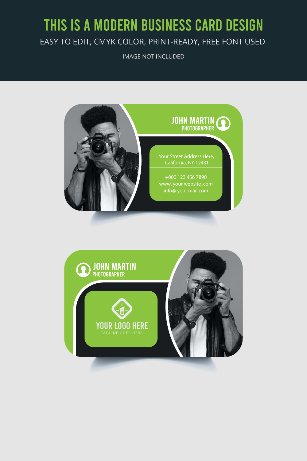Green and black business card with a man holding a camera.