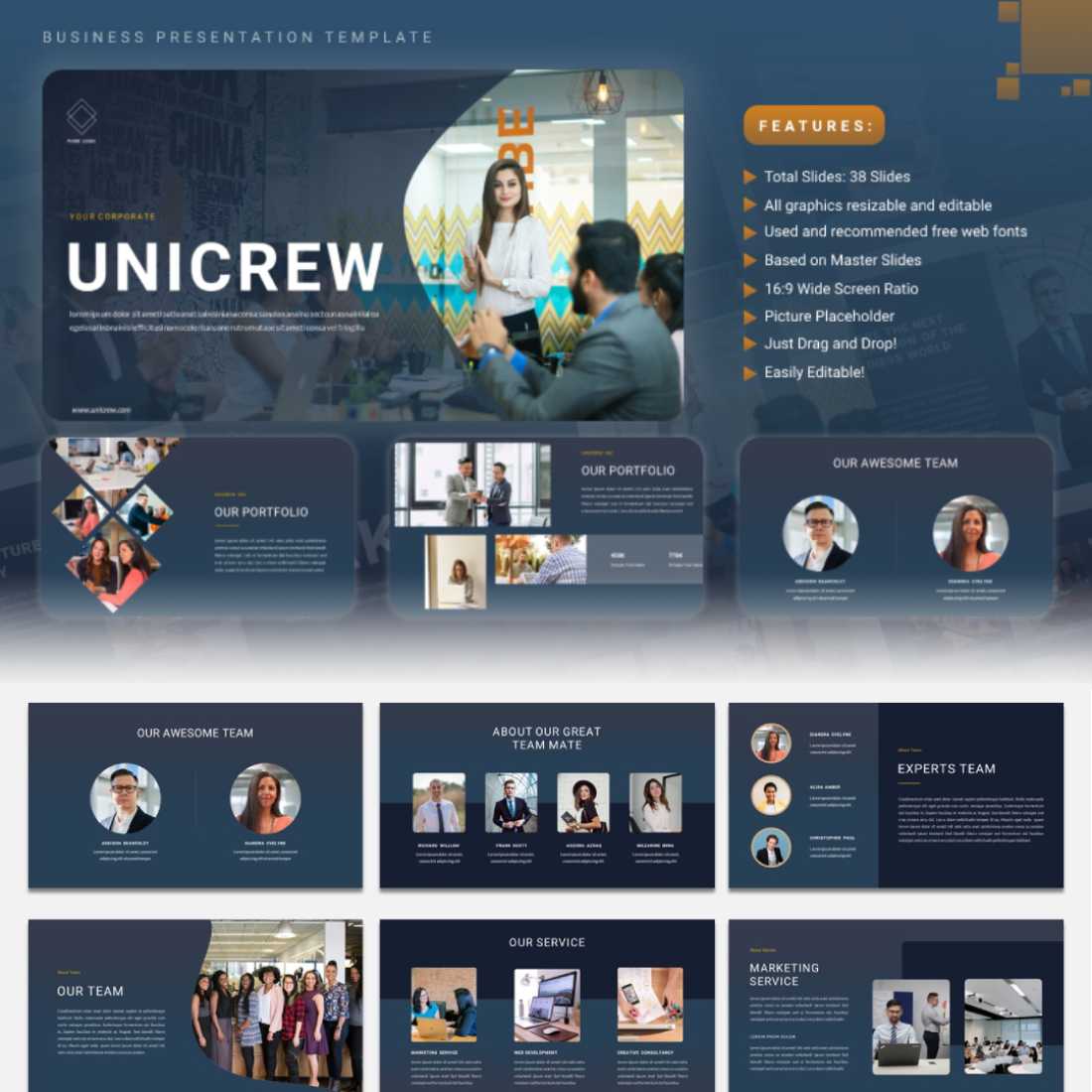 Unicrew - Business Multipurpose PowerPoint Presentation Template cover image.