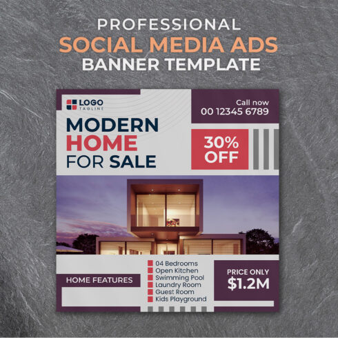 Professional & Creative Modern Home For Sale Social Media Ads Banner Design Template cover image.