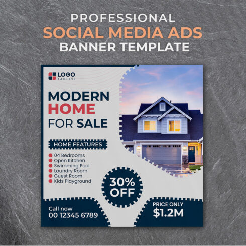 Professional & Creative Modern Home For Sale Social Media Ads Banner Design Template cover image.