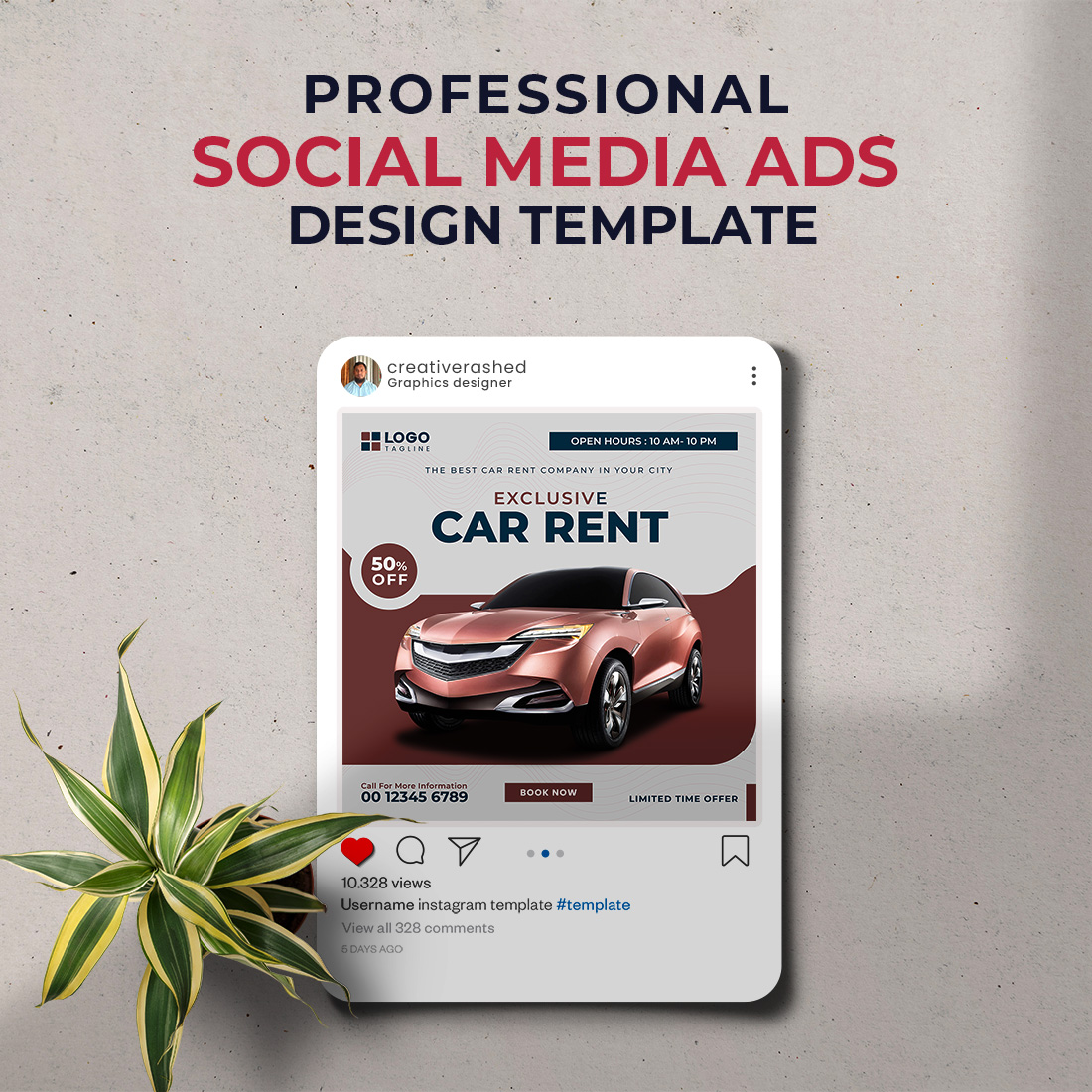 Professional & Creative Modern Car Rent Social Media Ads Banner Design Template preview image.