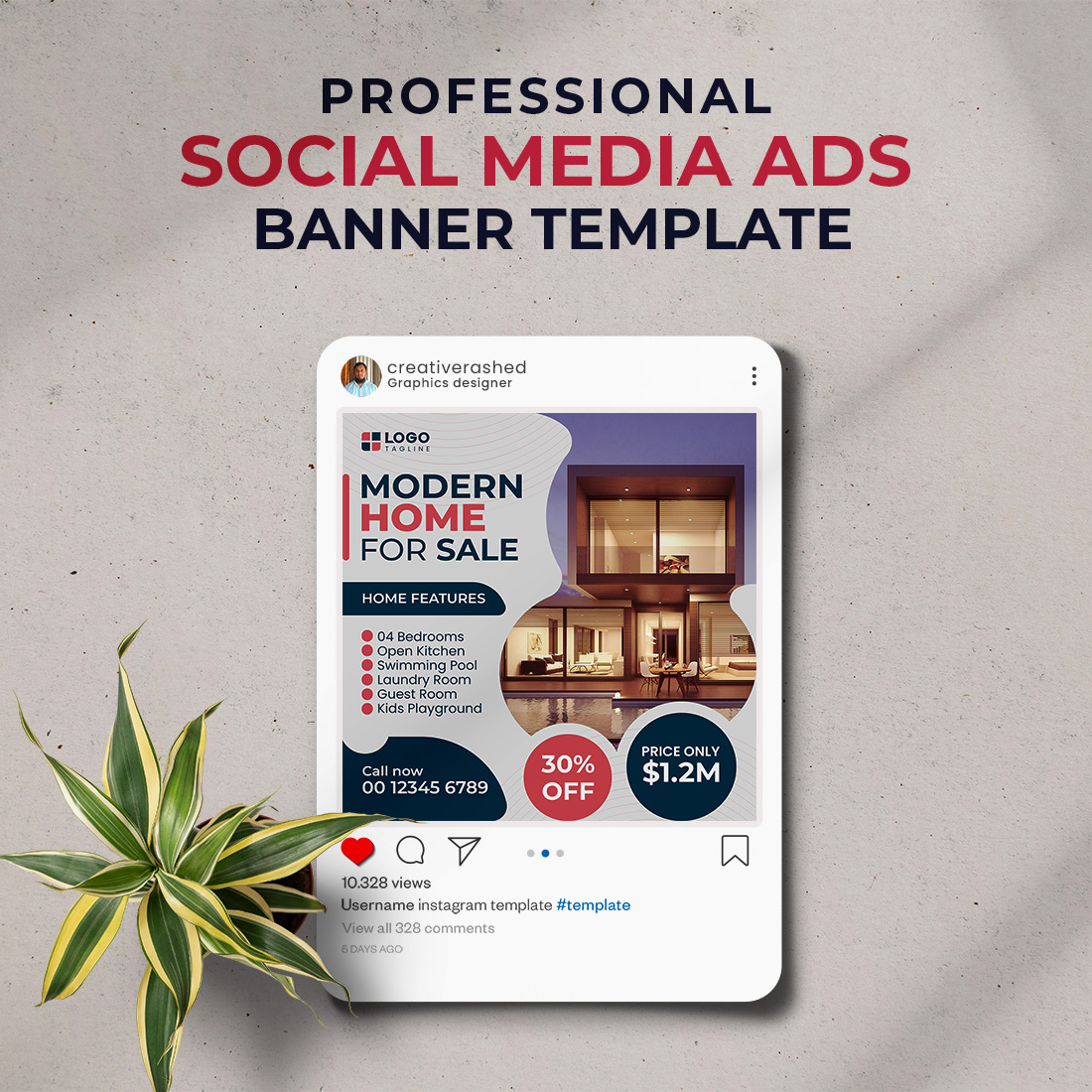 Professional & Creative Modern Home For Sale Social Media Ads Banner Design Template preview image.