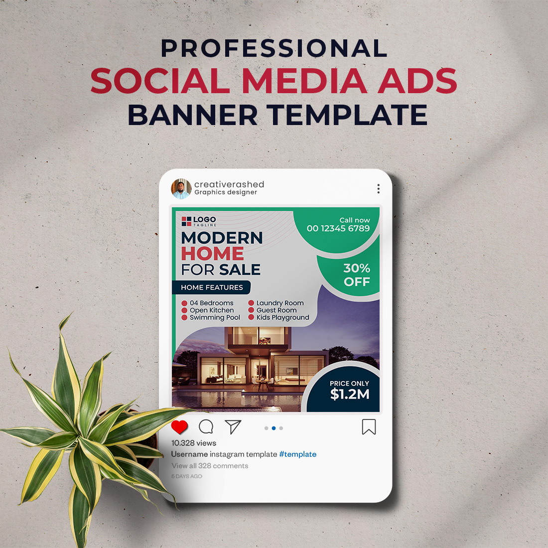 Professional & Creative Modern Home For Sale Social Media Ads Banner Design Template preview image.