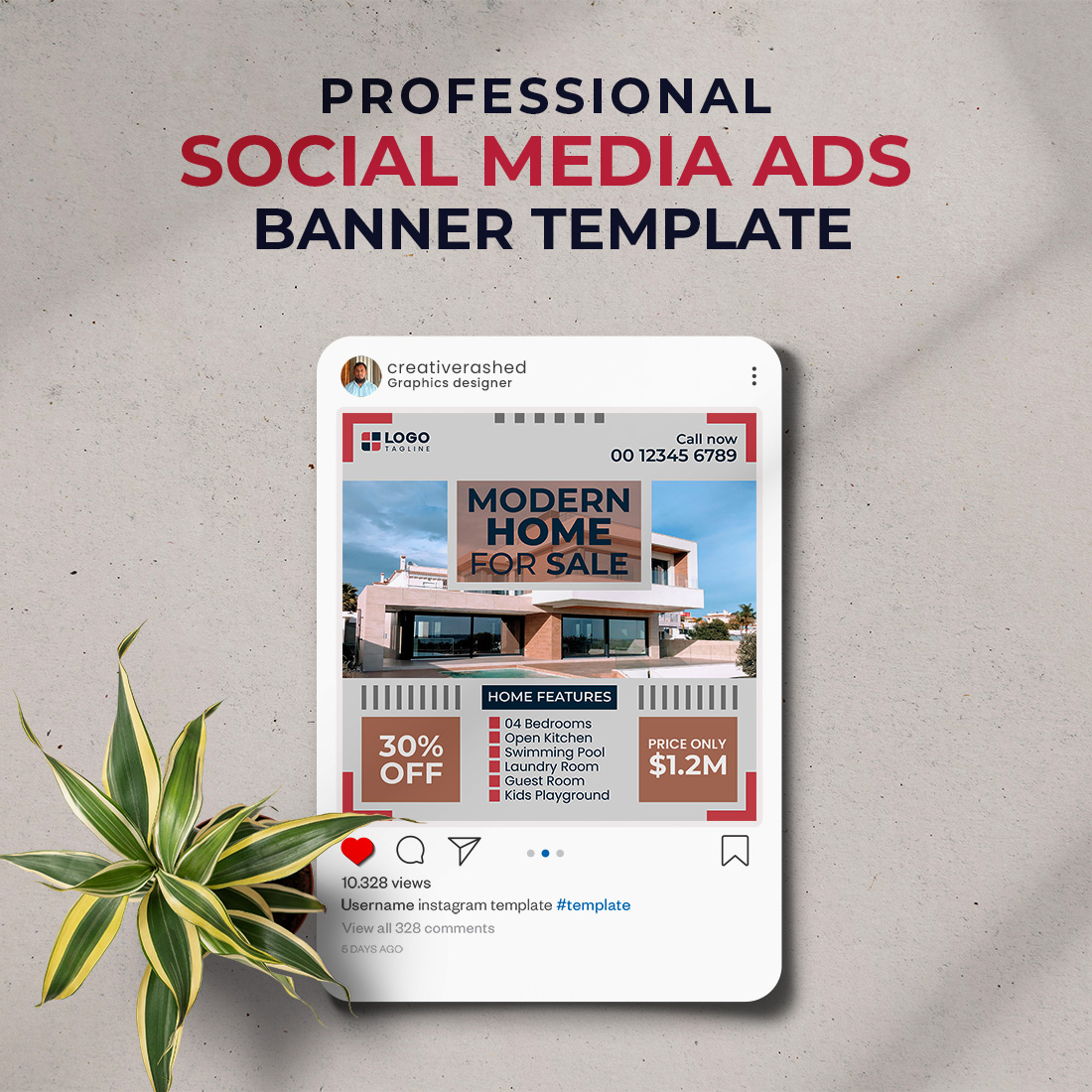 Professional & Creative Modern Home For Sale Social Media Ads Banner Design Template preview image.