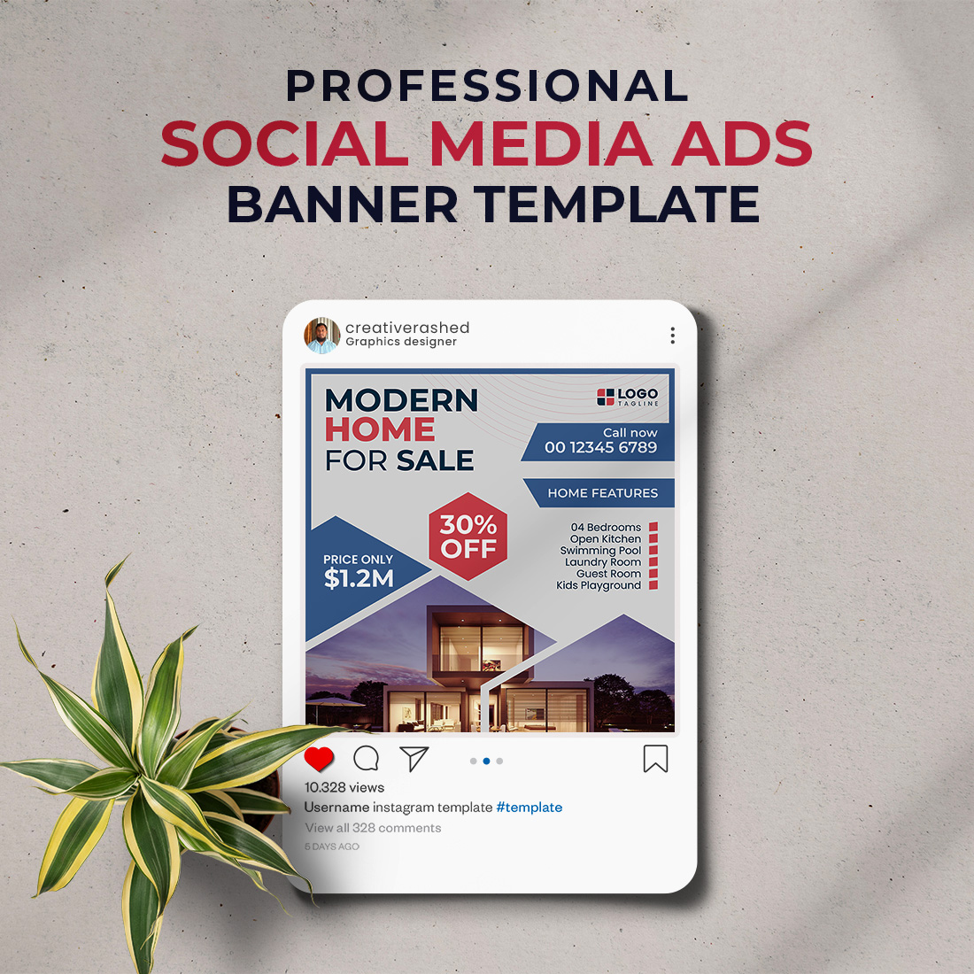 Professional & Creative Modern Home For Sale Social Media Ads Banner Design Template preview image.